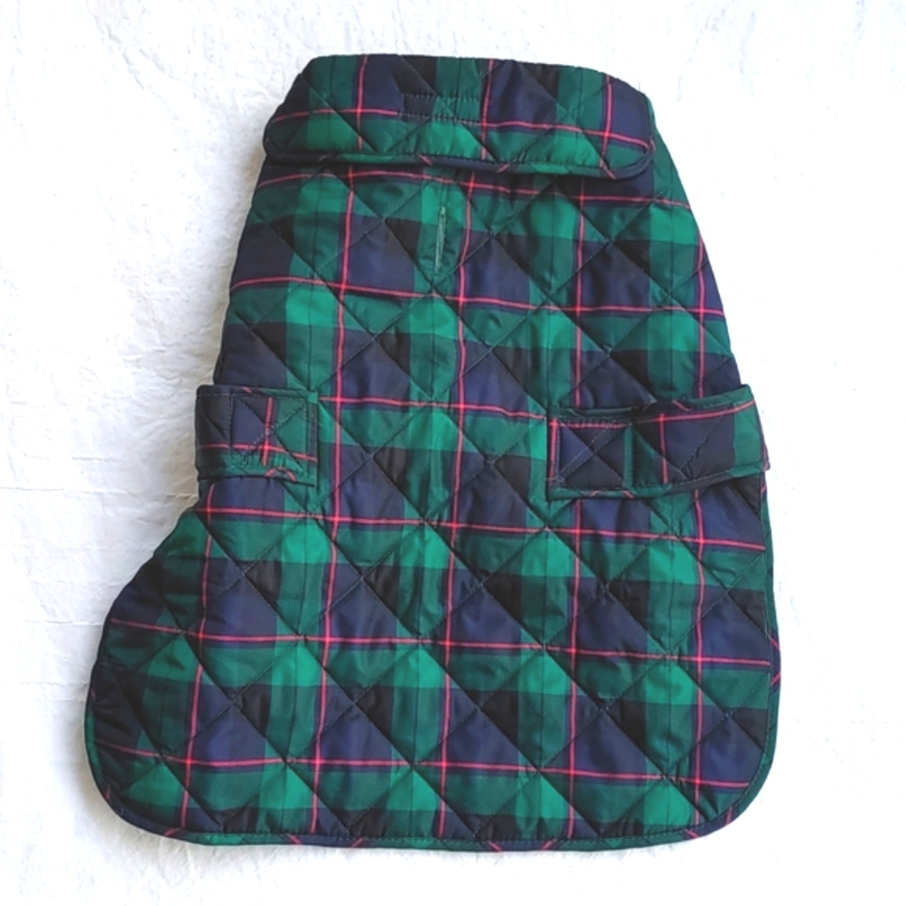Dog coat/raincoat, stylish green red and blue plaid, sz L, opening for leash